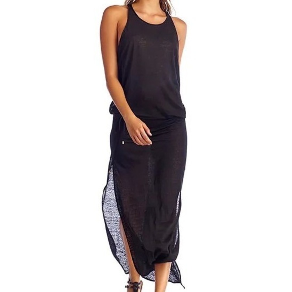 Vitamin A Island Maxi Dress Black Cotton Slub Knit Semi-Sheer Cover-Up Medium